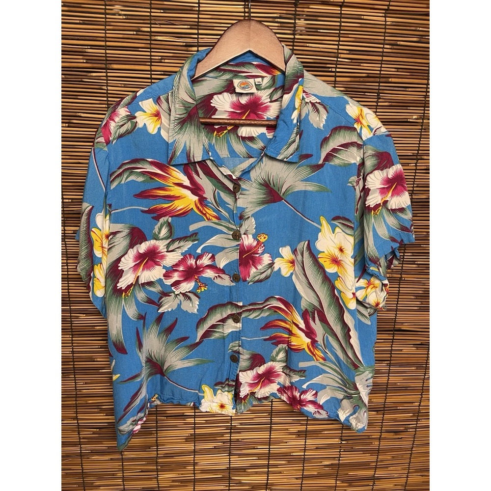 Global Bazaar Hawaiian Shirt Womens XL Blue Hibiscus Floral Tropical Short Sleev